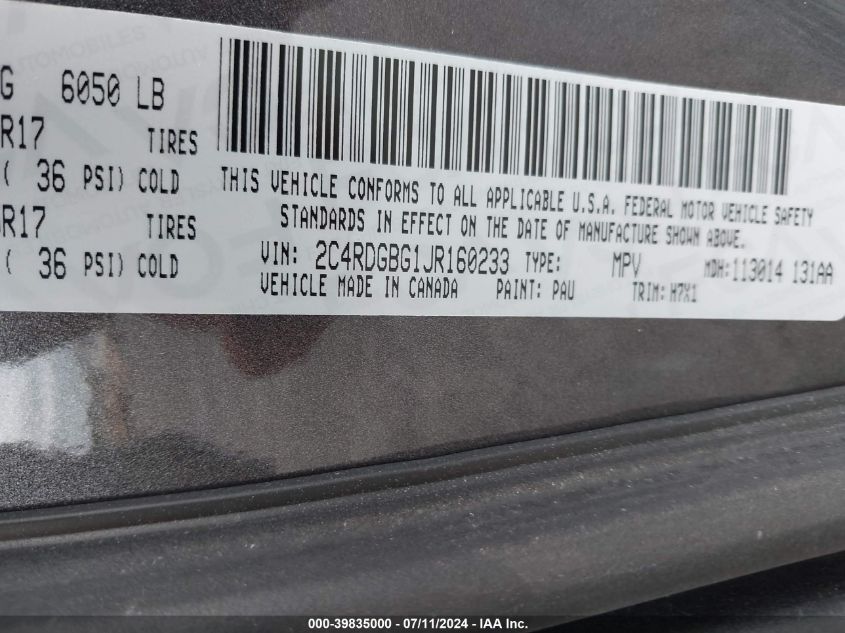 2018 Dodge Grand Caravan Se VIN: 2C4RDGBG1JR160233 Lot: 39835000