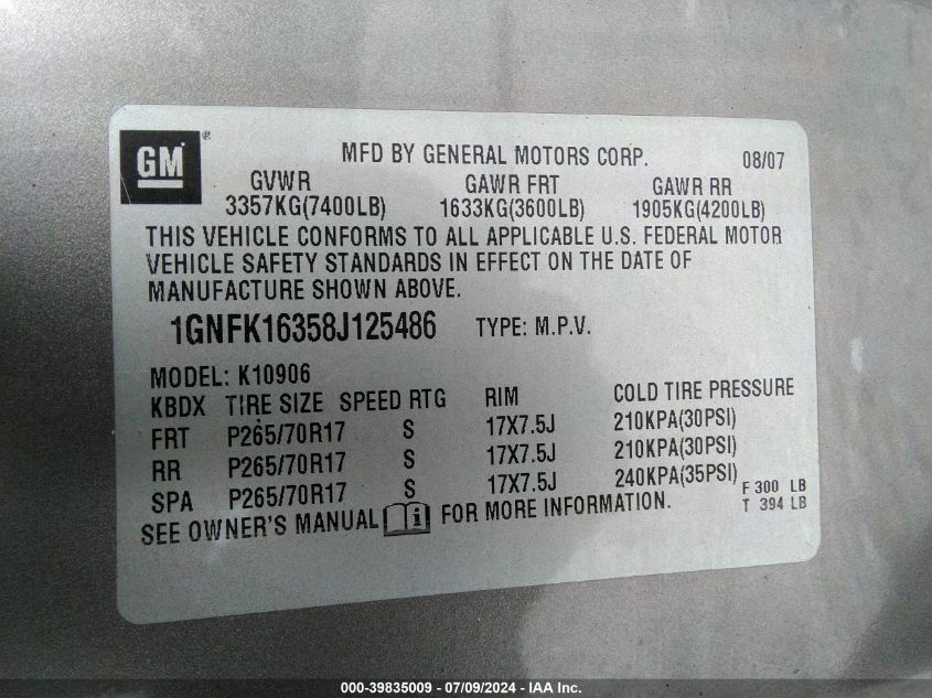 2008 Chevrolet Suburban 1500 Lt VIN: 1GNFK16358J125486 Lot: 39835009