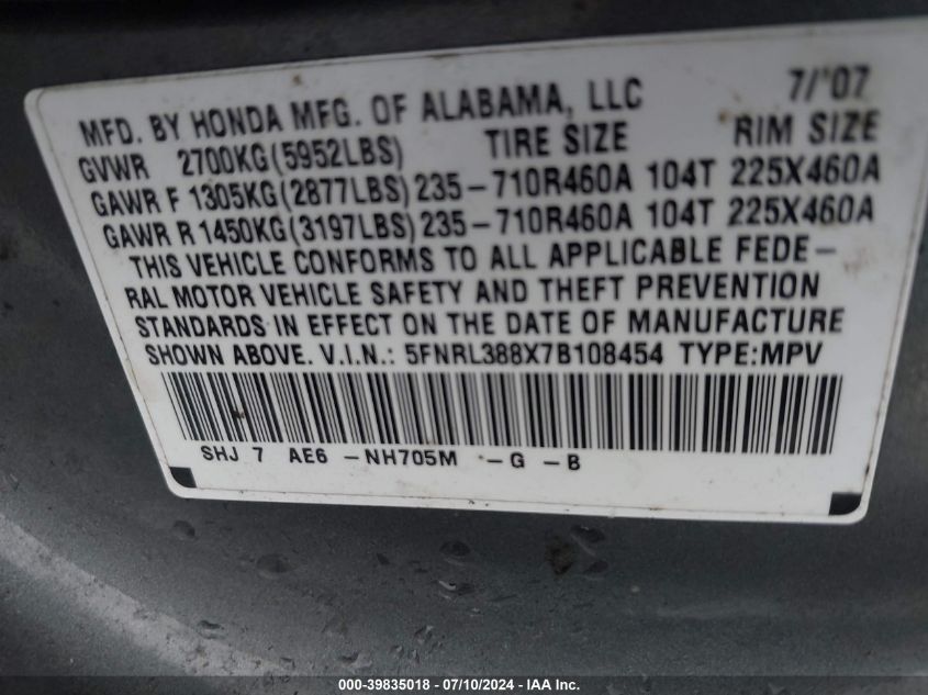 2007 Honda Odyssey Touring VIN: 5FNRL388X7B108454 Lot: 39835018