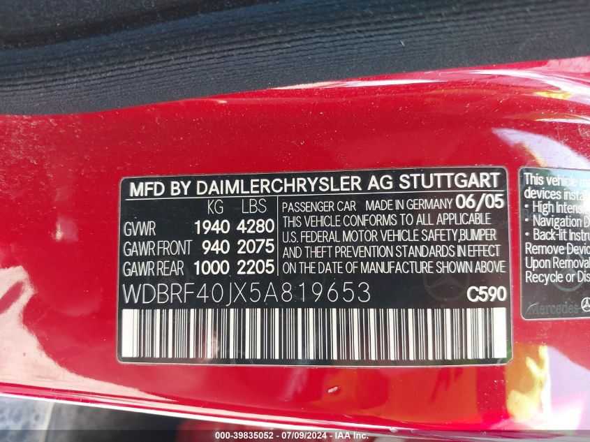 2005 Mercedes-Benz C 230 Kompressor Sport VIN: WDBRF40JX5A819653 Lot: 39835052