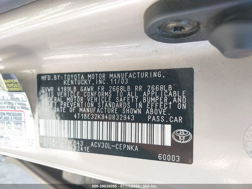 2004 Toyota Camry Le VIN: 4T1BE32K94U832943 Lot: 39835055