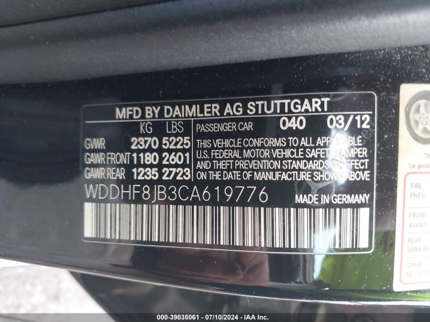 2012 Mercedes-Benz E 350 4Matic VIN: WDDHF8JB3CA619776 Lot: 39835061