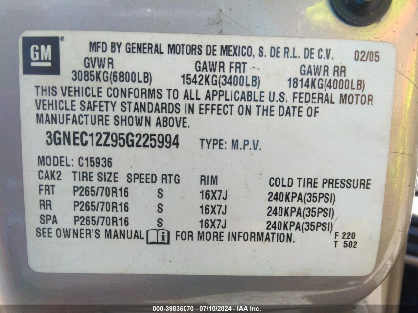 2005 Chevrolet Avalanche 1500 Ls VIN: 3GNEC12Z95G225994 Lot: 39835070