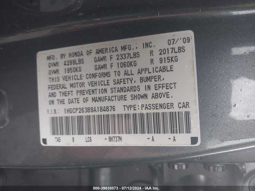 2009 Honda Accord 2.4 Lx VIN: 1HGCP26389A184876 Lot: 39835073