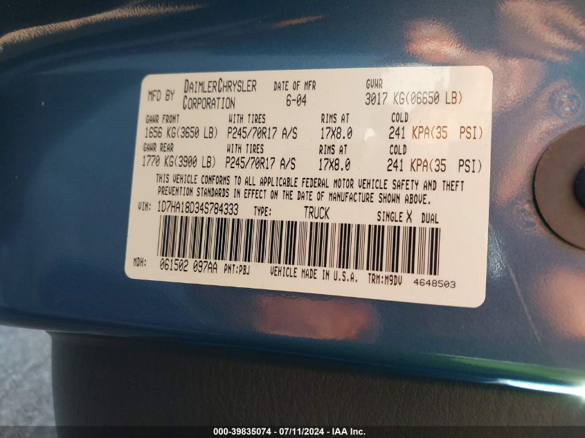2004 Dodge Ram 1500 Slt/Laramie VIN: 1D7HA18D34S784333 Lot: 39835074