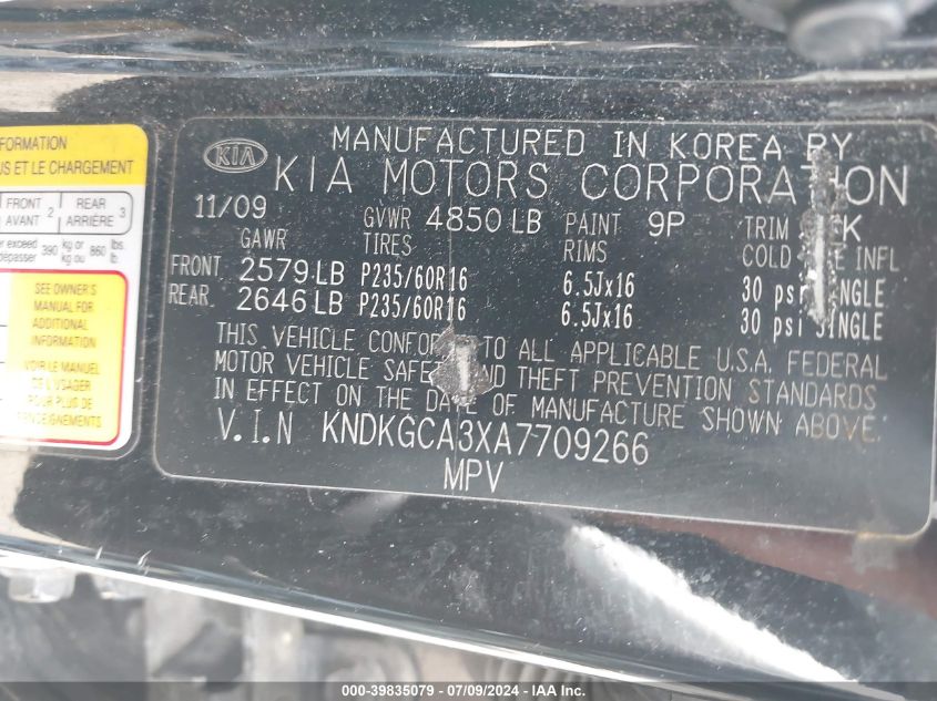 2010 Kia Sportage Lx V6 VIN: KNDKGCA3XA7709266 Lot: 39835079