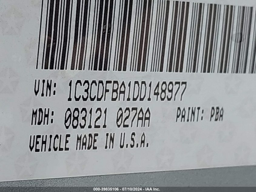 2013 Dodge Dart Sxt VIN: 1C3CDFBA1DD148977 Lot: 39835106