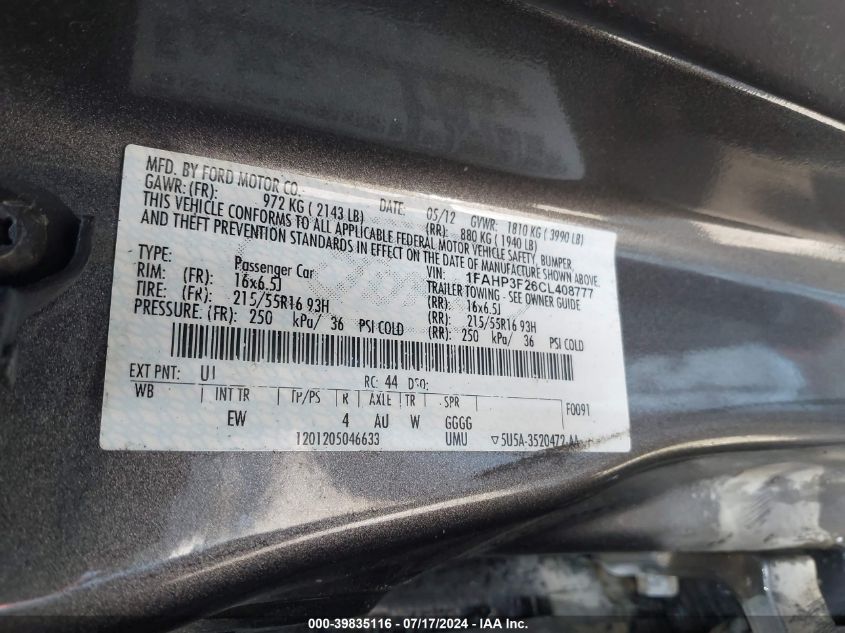 2012 Ford Focus Se VIN: 1FAHP3F26CL408777 Lot: 39835116