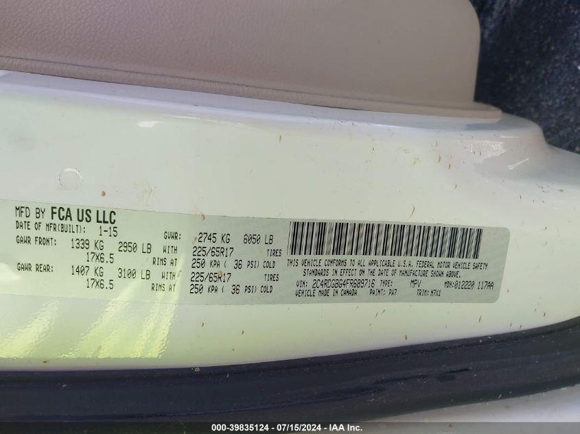 2015 Dodge Grand Caravan Se Plus VIN: 2C4RDGBG4FR689716 Lot: 39835124