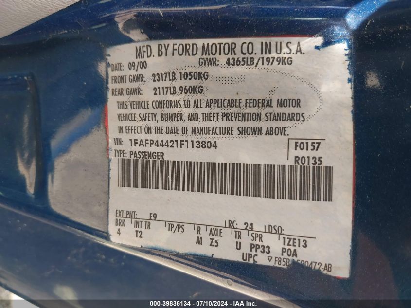 2001 Ford Mustang VIN: 1FAFP44421F113804 Lot: 39835134