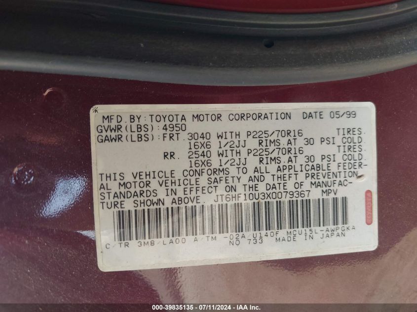 1999 Lexus Rx 300 VIN: JT6HF10U3X0079367 Lot: 39835135