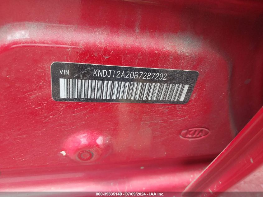 2011 Kia Soul + VIN: KNDJT2A20B7287292 Lot: 39835140