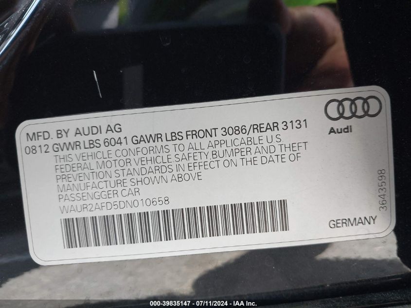 2013 Audi A8 L 4.0T VIN: WAUR2AFD5DN010658 Lot: 39835147