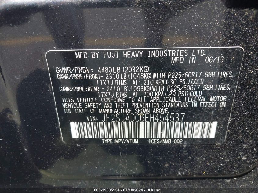 2014 Subaru Forester 2.5I Premium VIN: JF2SJADC6EH454537 Lot: 39835154