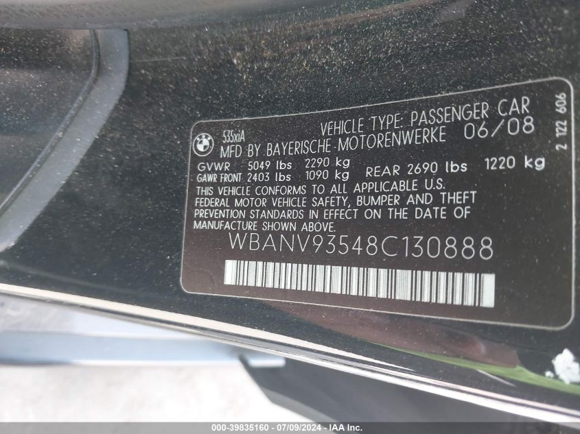2008 BMW 535Xi VIN: WBANV93548C130888 Lot: 39835160