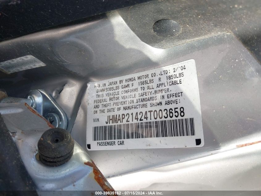 2004 Honda S2000 VIN: JHMAP21424T003658 Lot: 39835162