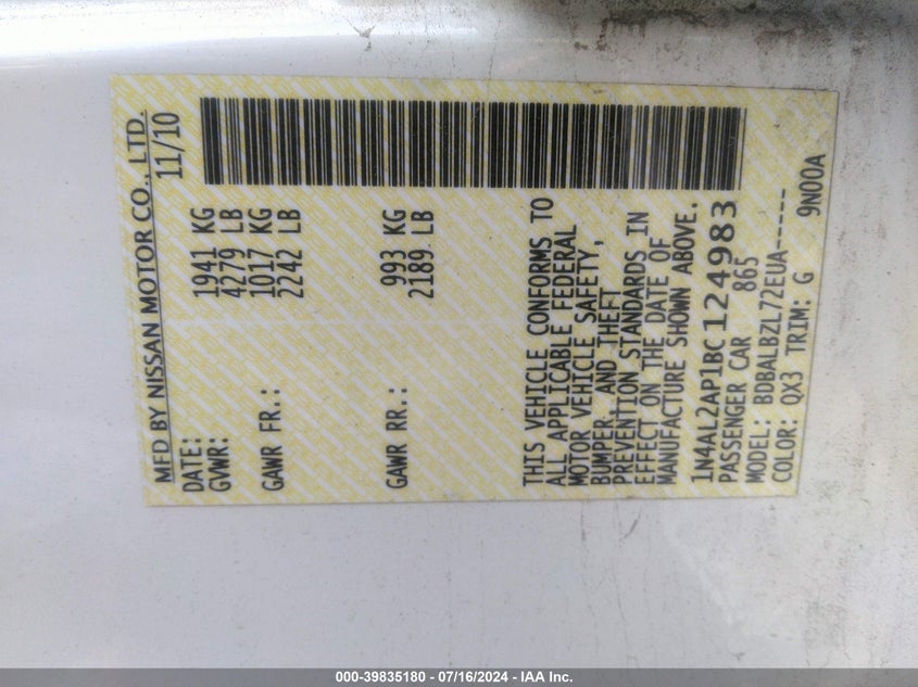 2011 Nissan Altima 2.5 S VIN: 1N4AL2AP1BC124983 Lot: 39835180