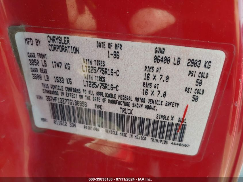 1996 Dodge Ram 1500 VIN: 3B7HF13Z7TG138958 Lot: 39835183