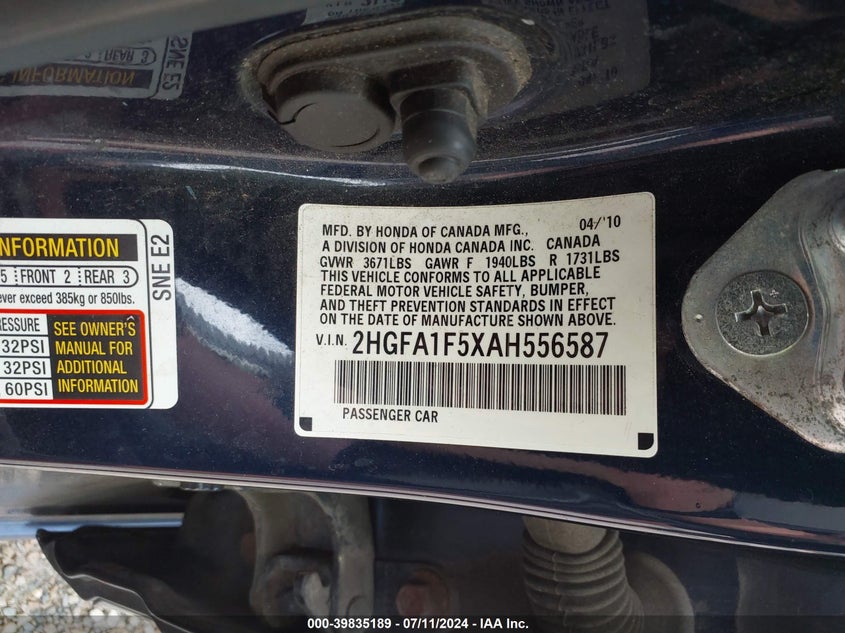 2010 Honda Civic Lx VIN: 2HGFA1F5XAH556587 Lot: 39835189