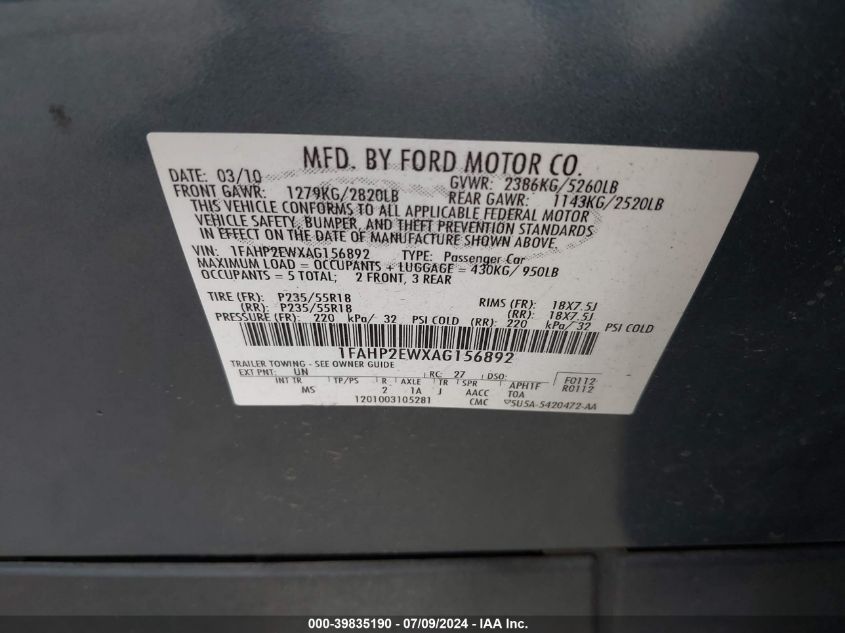 2010 Ford Taurus Sel VIN: 1FAHP2EWXAG156892 Lot: 39835190