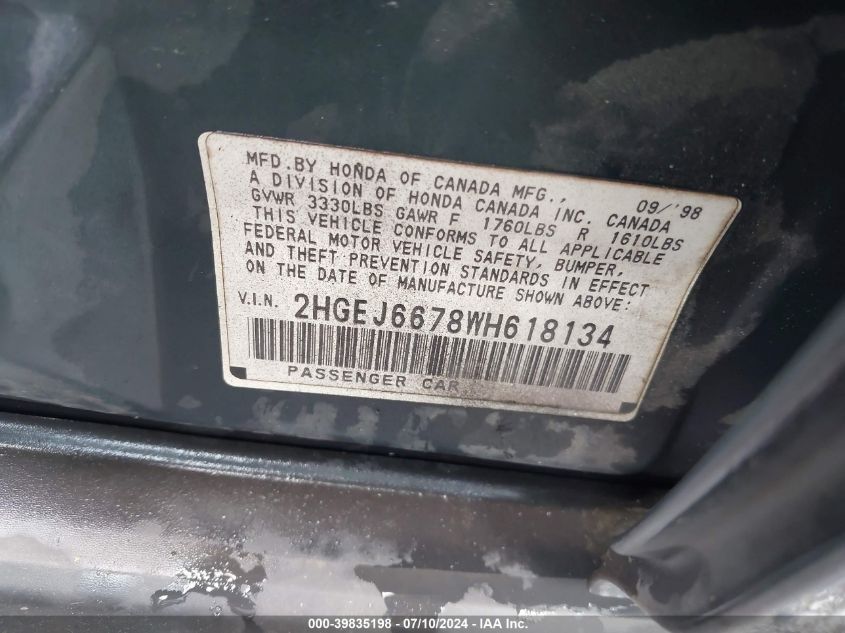 1998 Honda Civic Lx VIN: 2HGEJ6678WH618134 Lot: 39835198