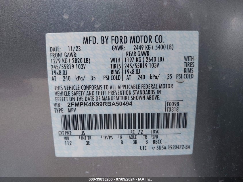 2024 Ford Edge Titanium VIN: 2FMPK4K99RBA50494 Lot: 39835200