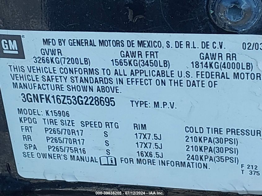 2003 Chevrolet Suburban 1500 Z71 VIN: 3GNFK16Z53G228695 Lot: 39835205