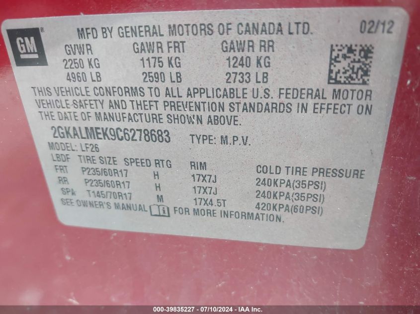 2012 GMC Terrain Sle-1 VIN: 2GKALMEK9C6278683 Lot: 39835227