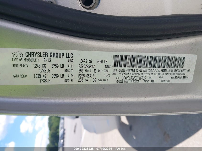 2014 Dodge Journey Sxt VIN: 3C4PDCBG2ET116535 Lot: 39835228