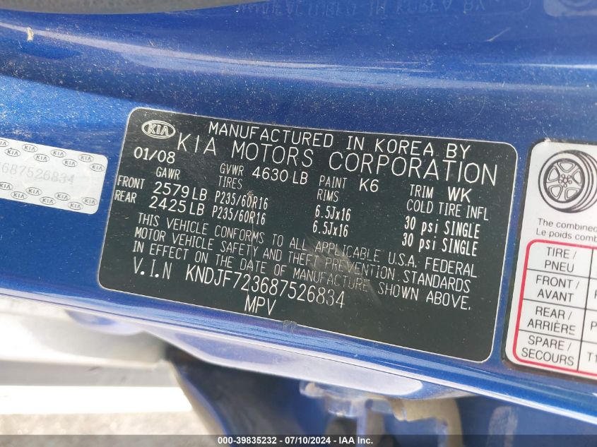 2008 Kia Sportage Ex V6 VIN: KNDJF723687526834 Lot: 39835232
