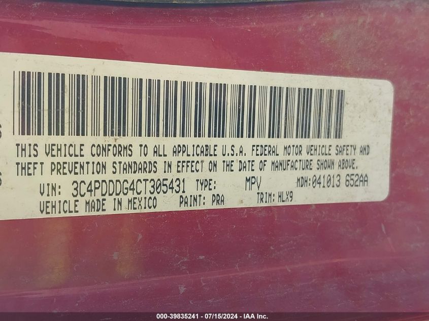 2012 Dodge Journey Crew VIN: 3C4PDDDG4CT305431 Lot: 39835241