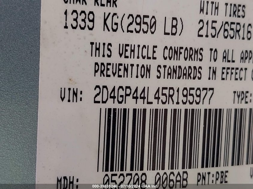 2005 Dodge Grand Caravan Sxt VIN: 2D4GP44L45R195977 Lot: 39835246