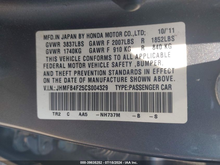 JHMFB4F25CS004329 2012 Honda Civic Hybrid