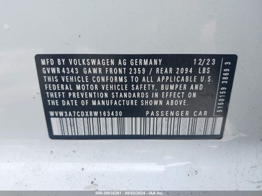 2024 Volkswagen Golf Gti 2.0T Se VIN: WVW3A7CDXRW163430 Lot: 39835261