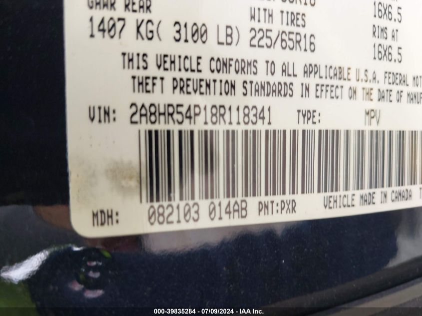 2008 Chrysler Town & Country Touring VIN: 2A8HR54P18R118341 Lot: 39835284