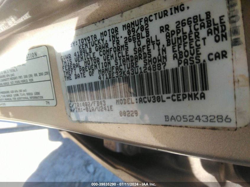 2003 Toyota Camry Le VIN: 4T1BE32K43U124887 Lot: 39835290