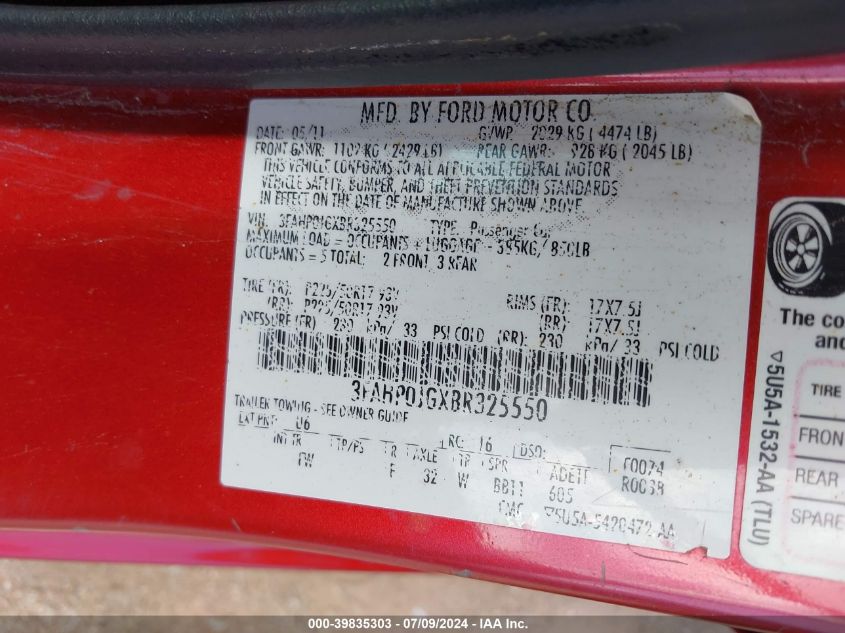 2011 Ford Fusion Sel VIN: 3FAHP0JGXBR325550 Lot: 39835303