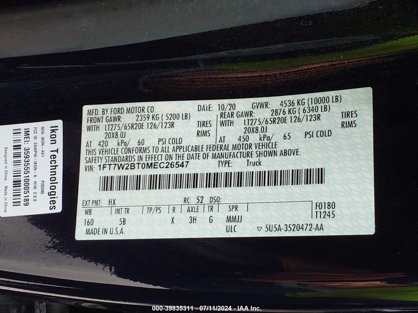2021 Ford F-250 Lariat VIN: 1FT7W2BT0MEC26547 Lot: 39835311