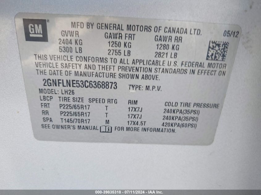 2012 Chevrolet Equinox 2Lt VIN: 2GNFLNE53C6368873 Lot: 39835318