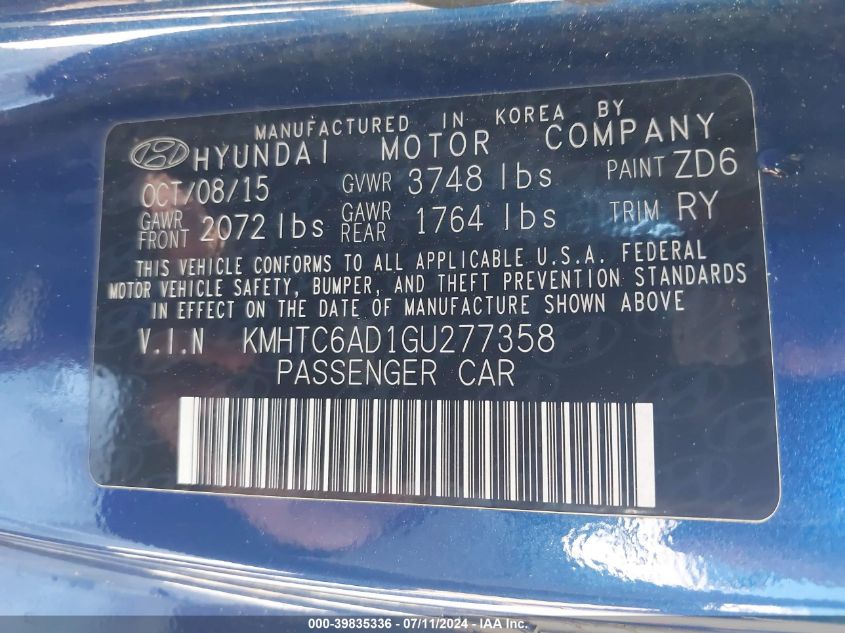 2016 Hyundai Veloster VIN: KMHTC6AD1GU277358 Lot: 39835336