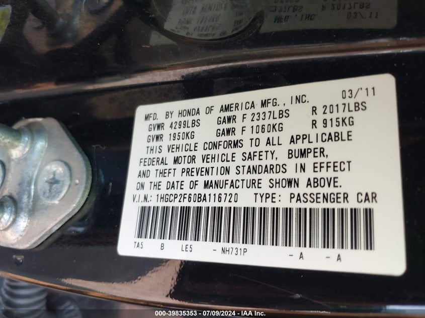 2011 Honda Accord 2.4 Se VIN: 1HGCP2F60BA116720 Lot: 39835353