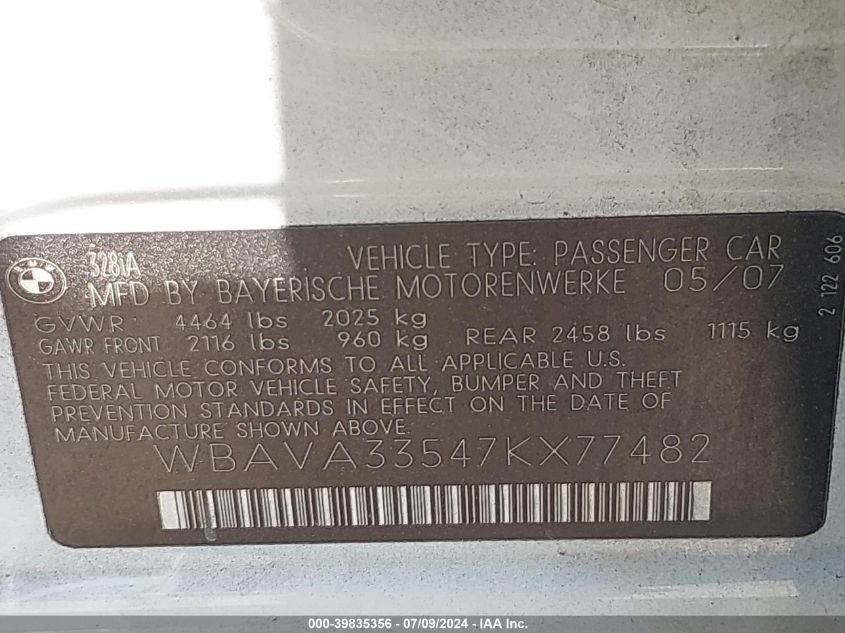 2007 BMW 328I VIN: WBAVA33547KX77482 Lot: 39835356