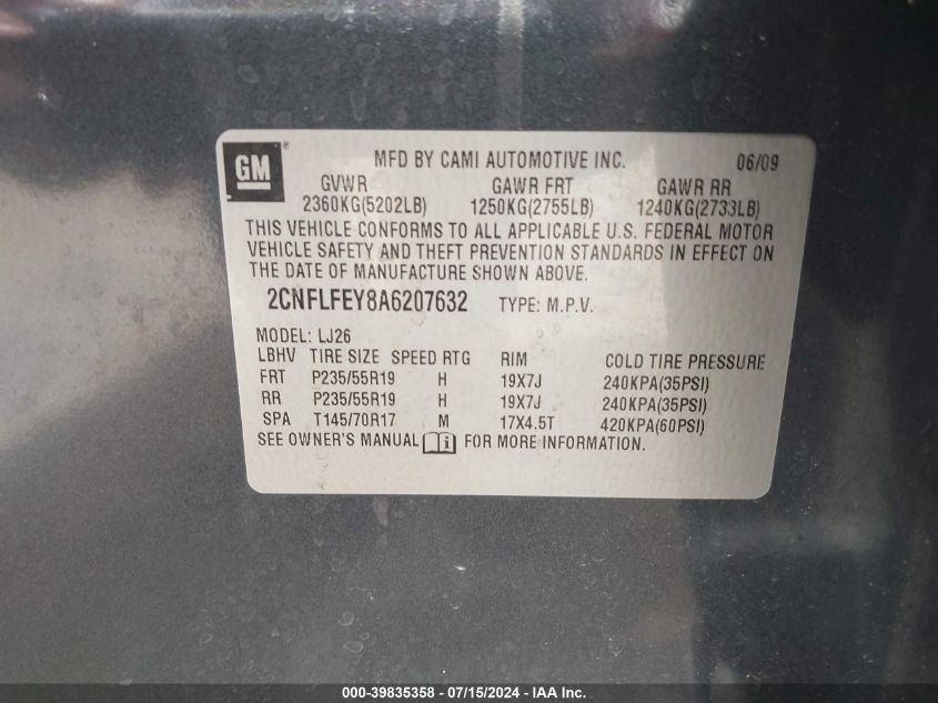 2010 Chevrolet Equinox Ltz VIN: 2CNFLFEY8A6207632 Lot: 39835358