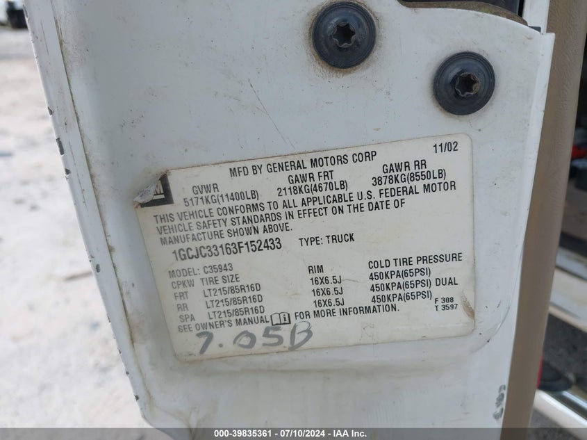 2003 Chevrolet Silverado 3500 Ls VIN: 1GCJC33163F152433 Lot: 39835361