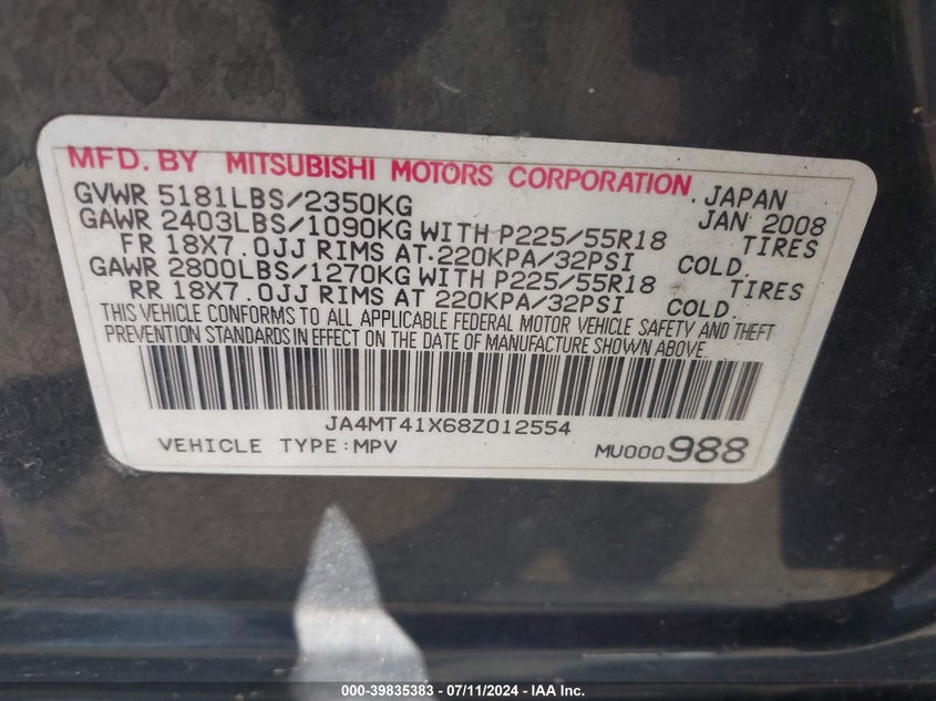 2008 Mitsubishi Outlander Xls VIN: JA4MT41X68Z012554 Lot: 39835383