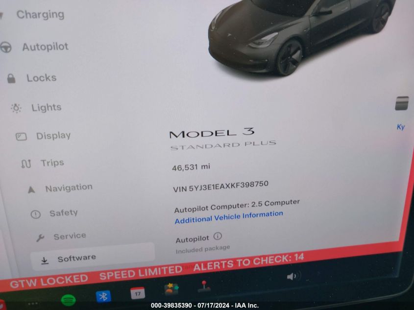 2019 Tesla Model 3 Long Range/Mid Range/Standard Range/Standard Range Plus VIN: 5YJ3E1EAXKF398750 Lot: 39835390