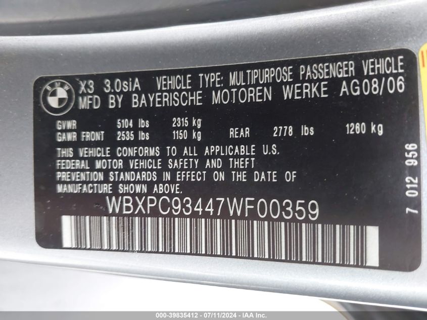 2007 BMW X3 3.0Si VIN: WBXPC93447WF00359 Lot: 39835412