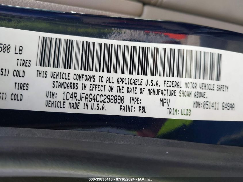 2012 Jeep Grand Cherokee Laredo VIN: 1C4RJFAG4CC296890 Lot: 39835413