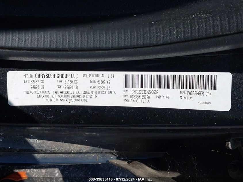 2014 Dodge Avenger Sxt VIN: 1C3CDZCB3EN203692 Lot: 39835416