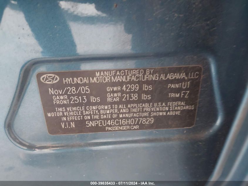 2006 Hyundai Sonata Gls VIN: 5NPEU46C16H077829 Lot: 39835433